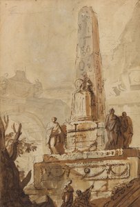 Egyptische obelisk in een landschap met ruïnes, een boog en een piramide door Giovanni Niccolo Servandoni